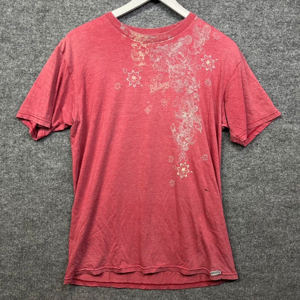 Vintage Billabong T-Shirt Men's Red Floral Skull Graphic Slim Fit Distressed - L